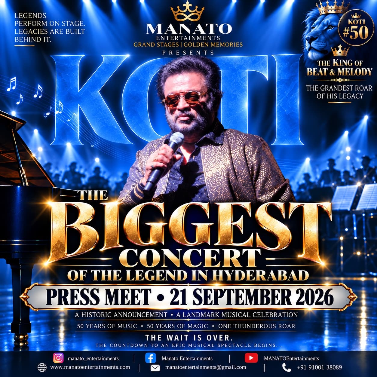 MANATO Entertainments poster announcing The King of Beat & Melody concert in Hyderabad, with a 21 September 2026 press meet.