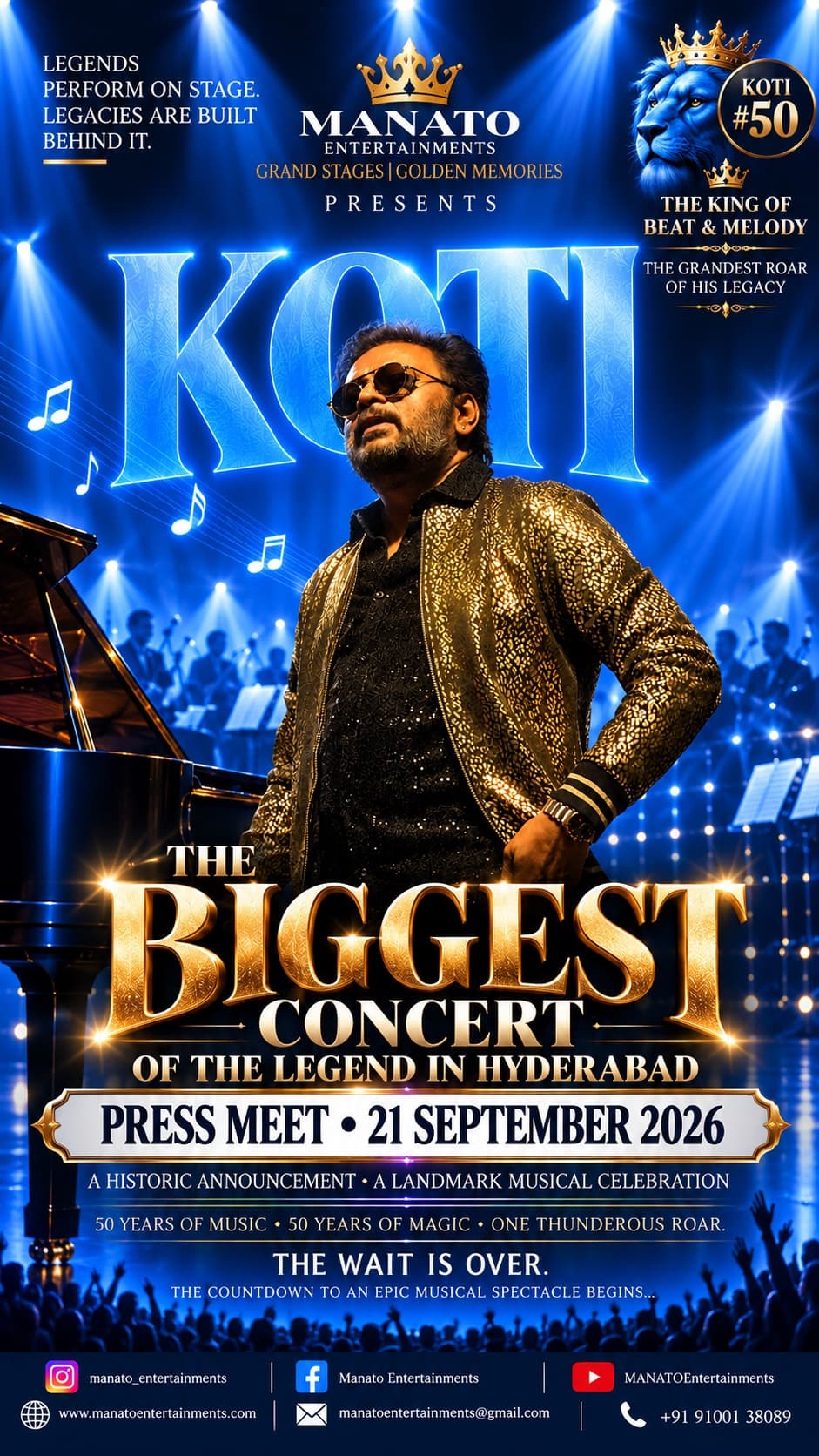 Poster for KOTI — The Biggest Concert of the Legend in Hyderabad, marking 50 years of music with a 21 September 2026 press meet.