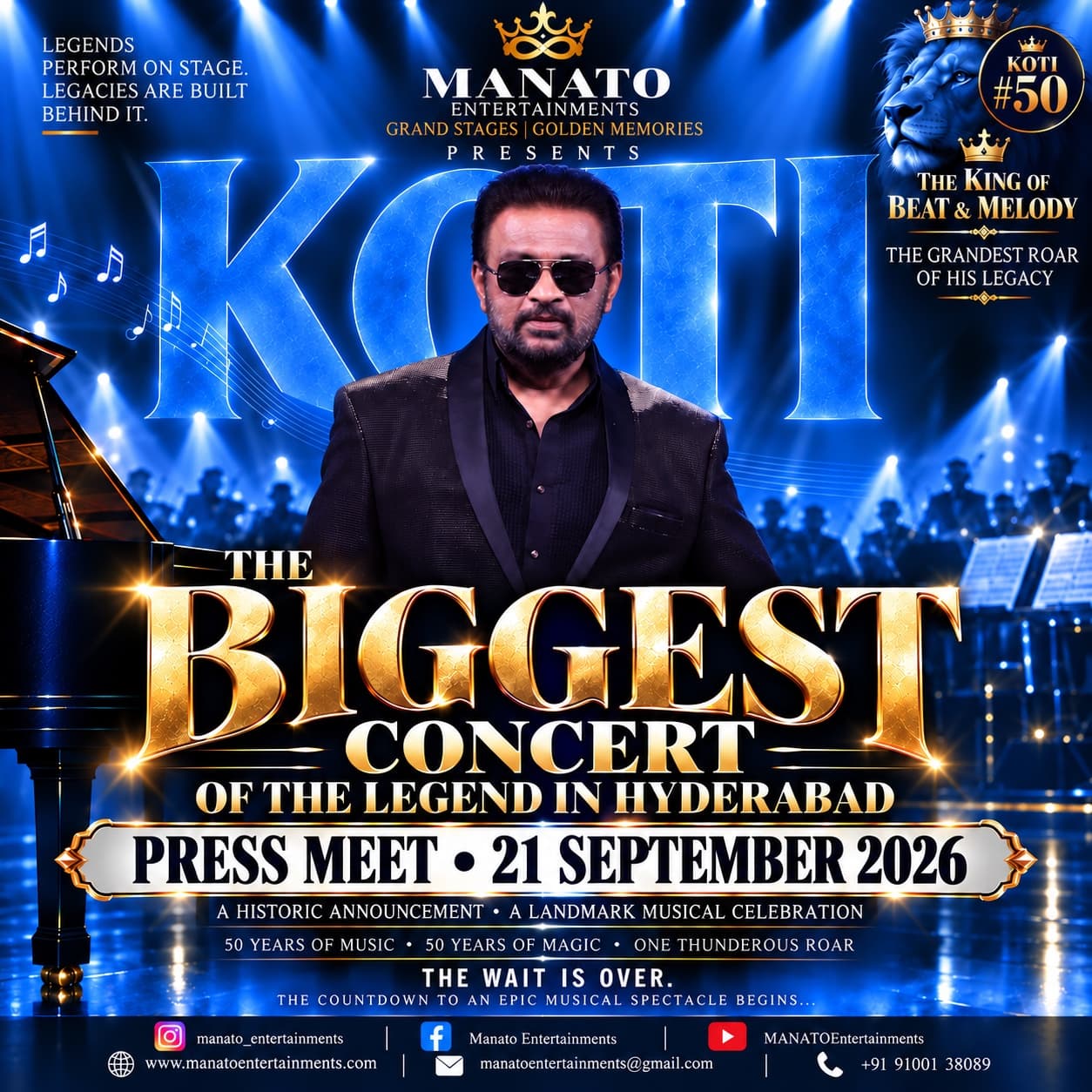 MANATO Entertainments poster for The King of Beat & Melody, reading 'Legends perform on stage. Legacies are built behind it.'